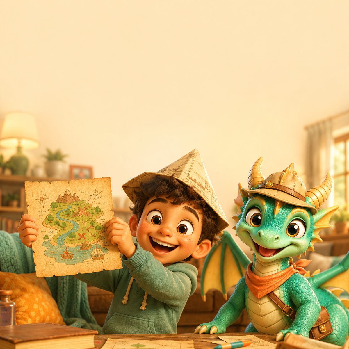 A child and Lumio reading the island map together